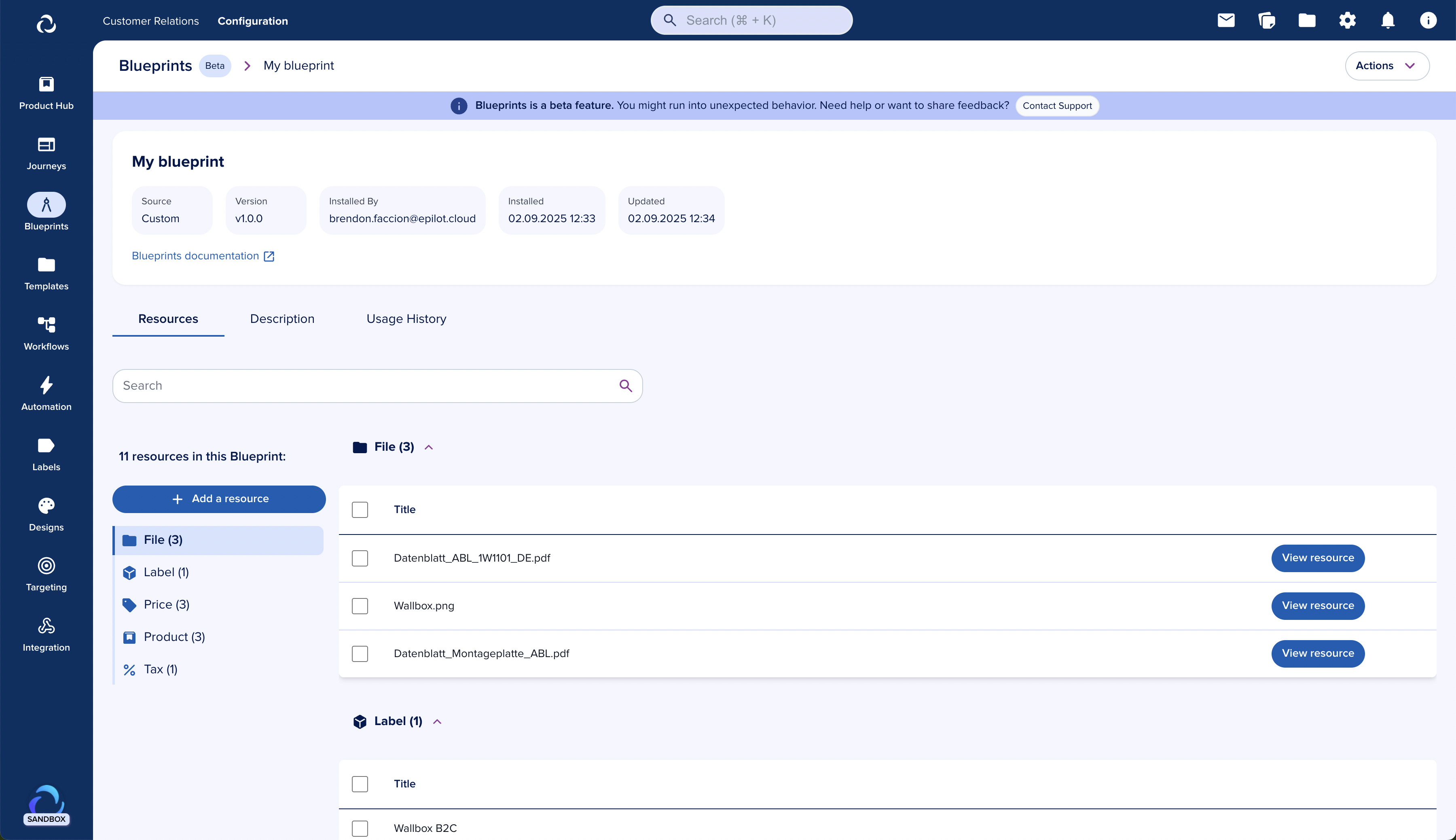 Installed blueprint page