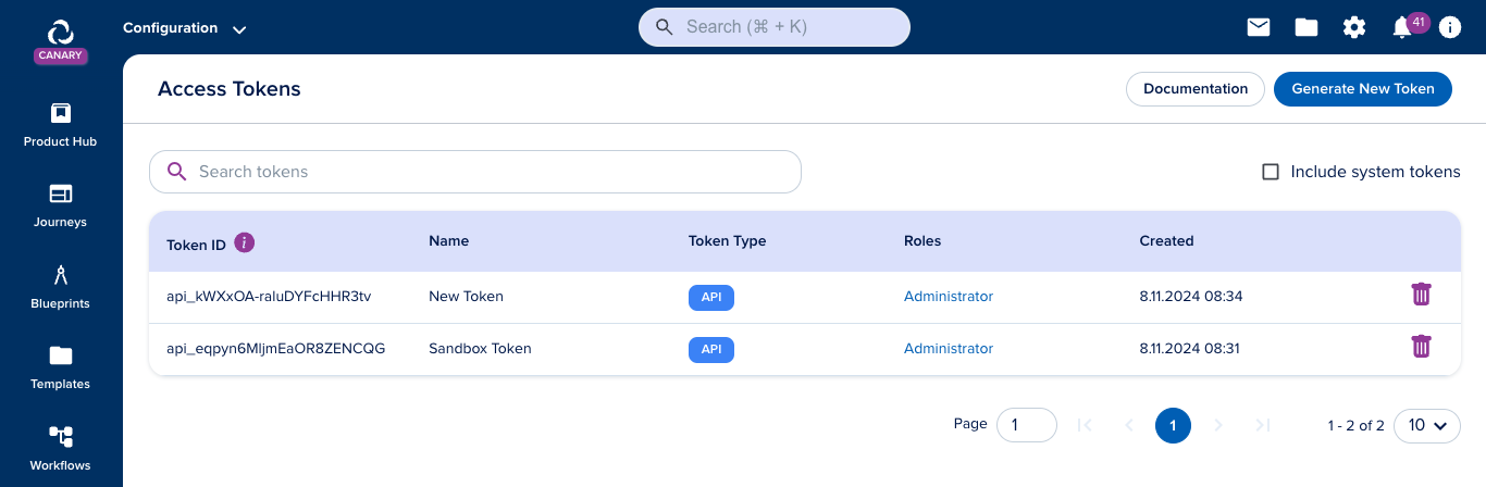 Access Token management view