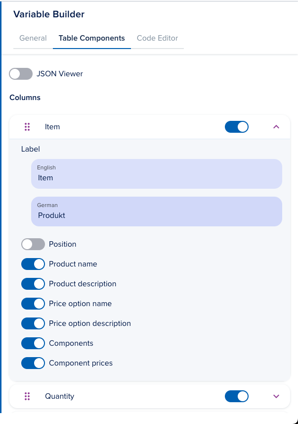 Order Table Column Config