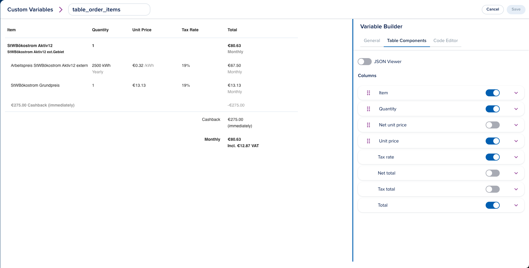 Order Table Variable