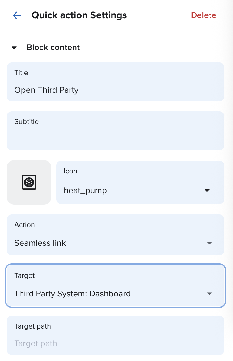 Seamless link used in quick action